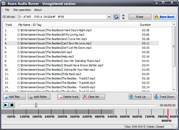 Audio Burner: write audio file from any formats mp3, wma, wav, aac to CD (.cda)