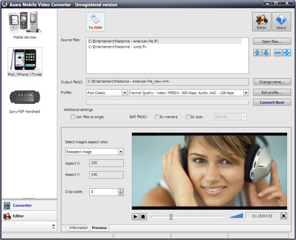 Converts different Video files into amv, 3gp, m4v formats for your mobile